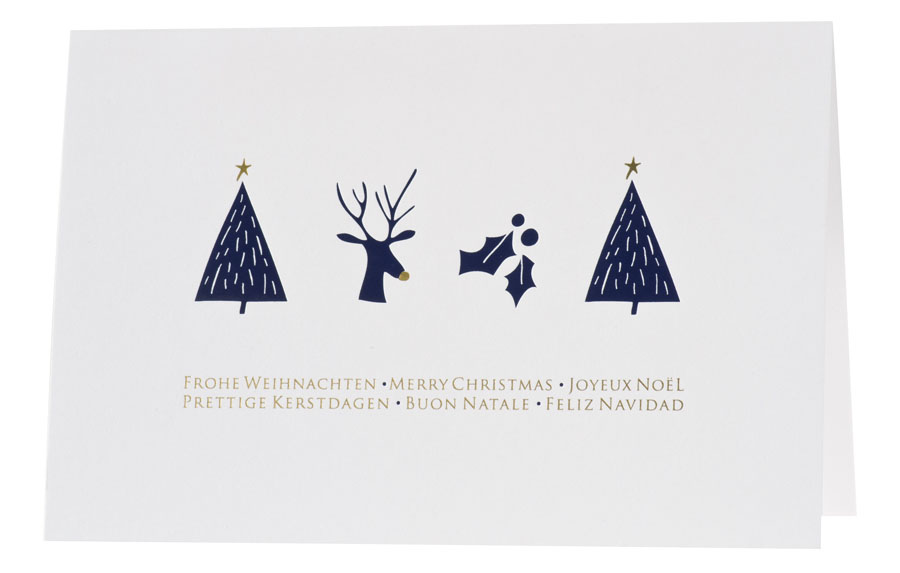 Weihnachtskarte weiß mit Weihnachtlichen Symbolen und mehrsprachigen Wünschen