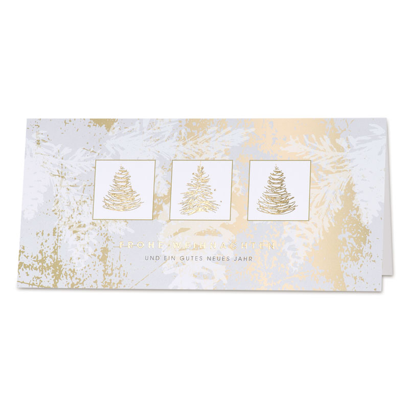 Weihnachtskarte mit drei Weihnachtsbäumen in Gold