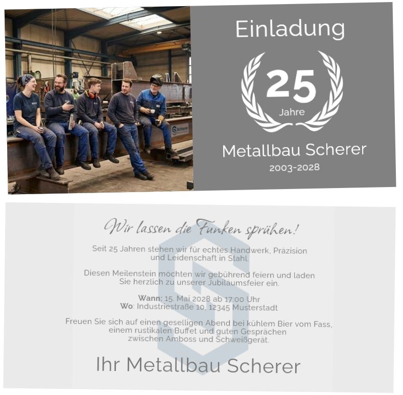 Firmen-Jubiläumskarte mit eigenen Bildern und freier Textgestaltung als Einzelkarte DIN lang