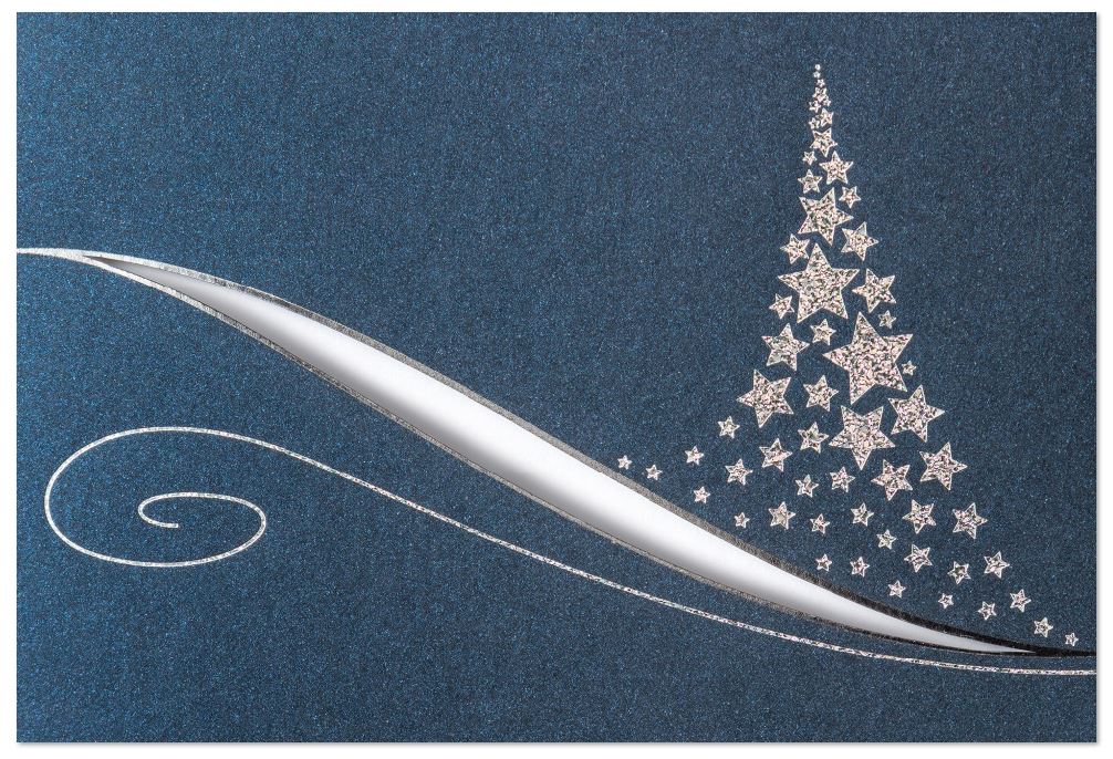 Elegante Weihnachtskarte in Dunkelblau mit silbergeprägtem Sternebaum und Stanzung, inkl. Einleger