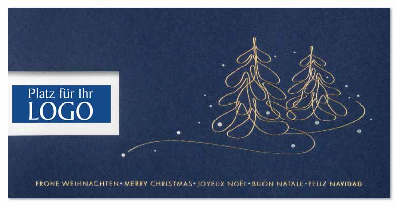 Dunkelblaue, mehrsprachige Firmen-Weihnachtskarte mit Logofenster und Goldfoliendruck, Einlegeblatt 1-seitig weiß.