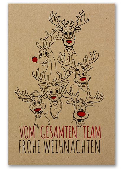 Originelle Team-Weihnachtskarte für Firmen "Fröhliche Rasselbande" aus Naturkarton mit Folienprägung