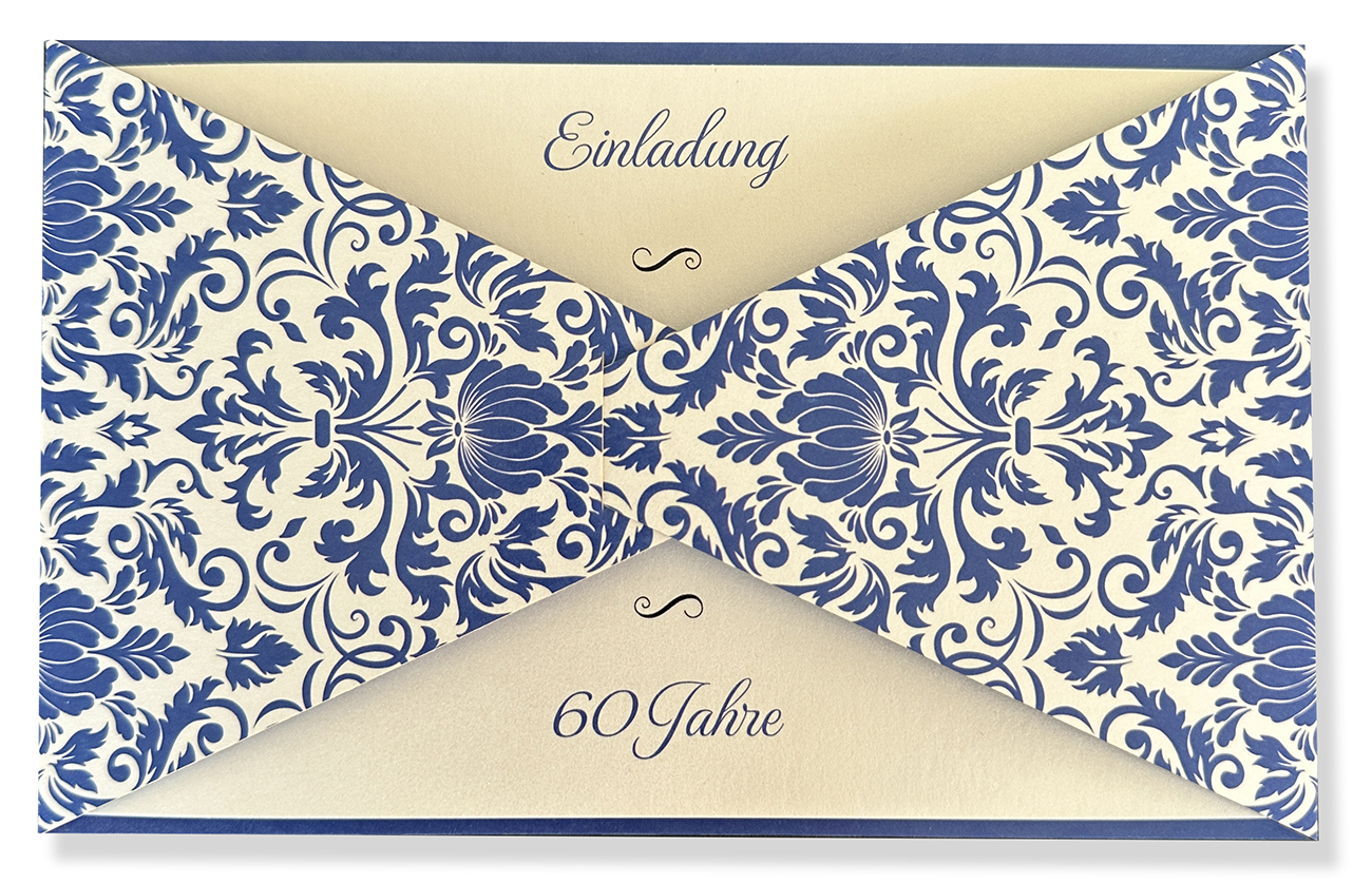 Einladungskarte im festlichen Design zum 60. Geburtstag in creme/blau metallic mit Ornamenten