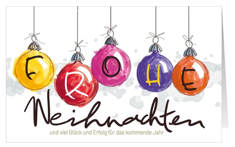 Firmen-Weihnachtskarte "Weihnachtsfreude" mit bunten Christbaumkugeln und geschäftlichen Grüßen