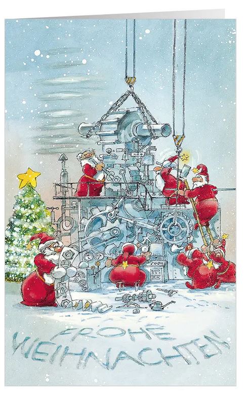 Lustige Weihnachtskarte "Maschinen-Fest" für Maschinenbau, Metallverarbeitung, Schlosserei, Ingenieur, Werkzeugbau