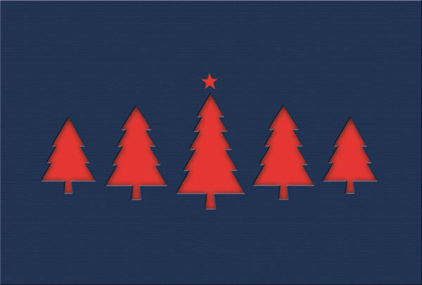 Dunkelblaue Weihnachtkarte mit rotem Falteinleger und Motivstanzung Bäume und Stern
