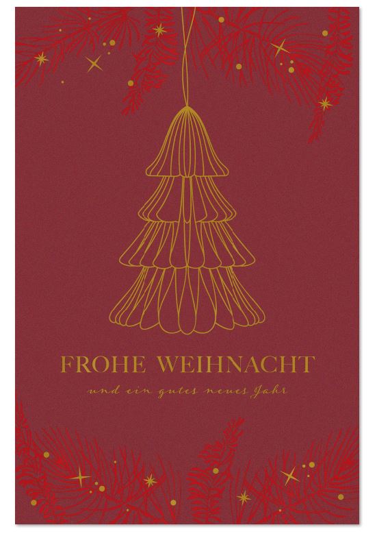 Festtagskarte in Dunkelrot "Tannenanhänger" mit Gruß und Weihnachtsbaum in edler Goldfolienprägung, inkl. Einlegeblatt