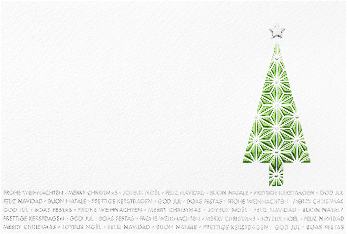 Weihnachtskarte mit internationalen Wünschen und grünem Weihnachtsbaum als Relief