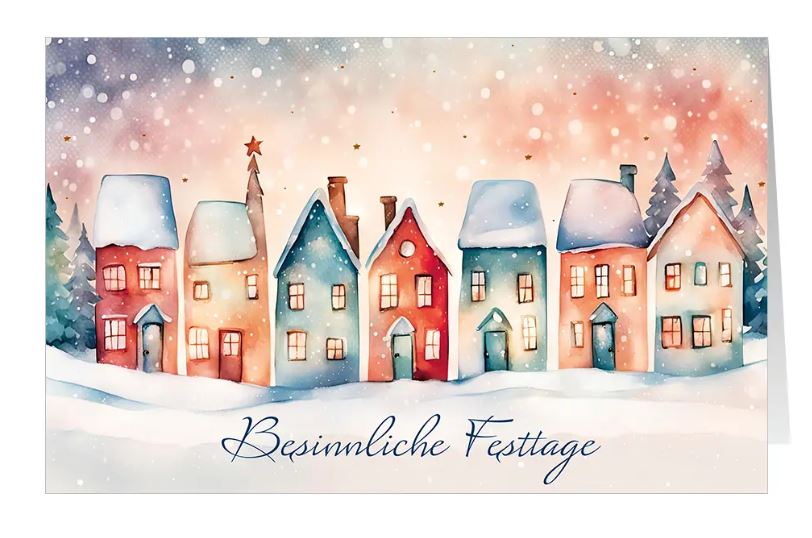 Stimmungsvolle Spendenweihnachtskarte "Winterwunderland" mit verschneiten Häusern zugunsten Ärzte ohne Grenzen
