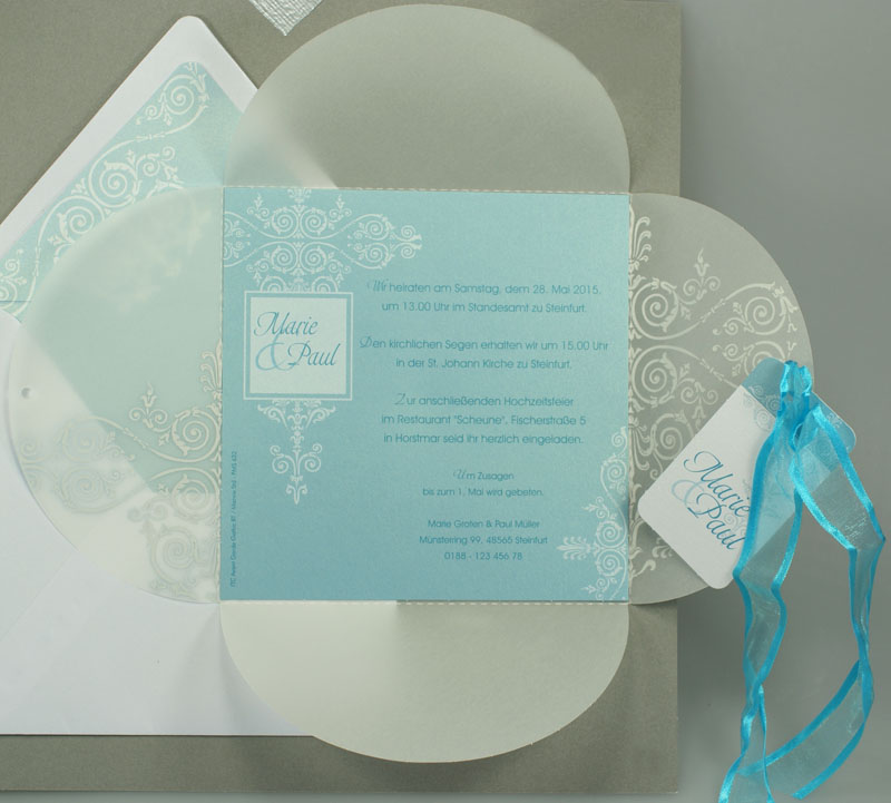 Einladungskarte weiß metallic azur Ornament Transparentpapier
