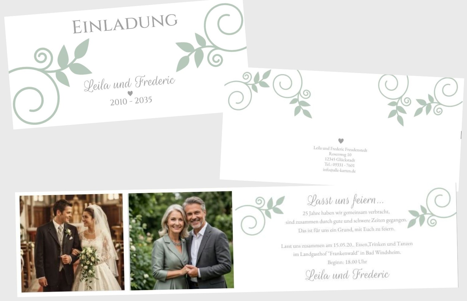 Klassische Silberhochzeits-Einladungkarte mit floralen Elementen in salbeigrün und eigenen Fotos auf der Innenseite