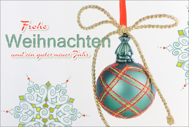 Weihnachtskarte weiß mit Weihnachtskugel und Stern Frohe Weihnachten