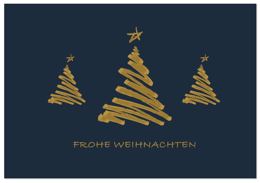 Elegante Weihnachtskarte in nachtblau mit drei goldenen Weihnachtsbäumen und "Frohe Weihnachten" als Gruß