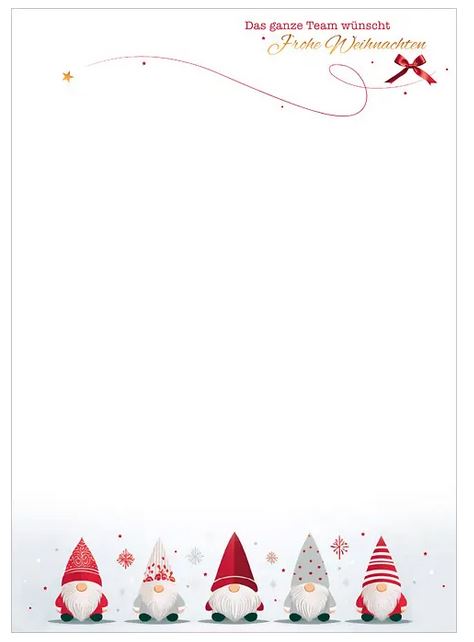 Humorvolles Firmenbriefpapier zu Weihnachten mit kleinen Wichtelmännchen und Teamgruß, DIN A4