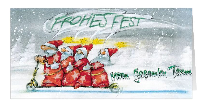 Fröhliche Team-Weihnachtskarte "Rollerfahrt" für Firmen mit Weihnachtsmännern umd Teamgruß, DIN lang