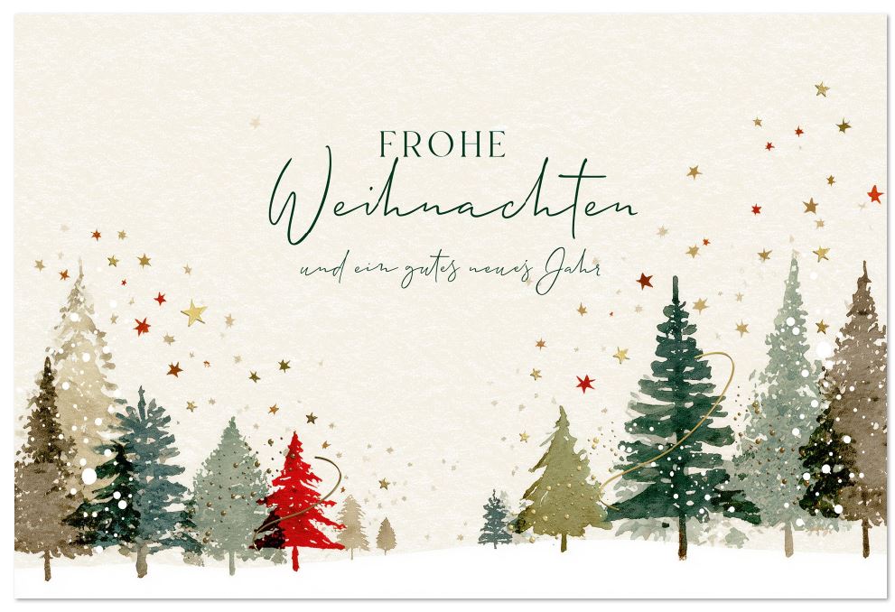 Weihnachtskarte "Malerische Waldweihnacht" im Aquarellstil mit Sternen, Tannenbäumen und Weihnachtsgruß