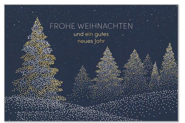 Edle Tannenwald-Weihnachtskarte "Glitzerndes Punktemeer" in blau mit Silber- und Goldprägung, inkl. Einleger innen