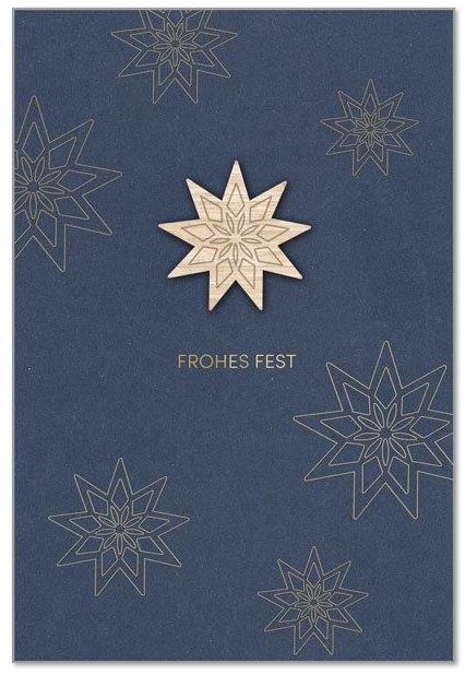 Edle, blaue Weihnachtskarte "Zauberhaftes Fest" mit Stern als Echtholz-Applikation und Veredelung in Gold