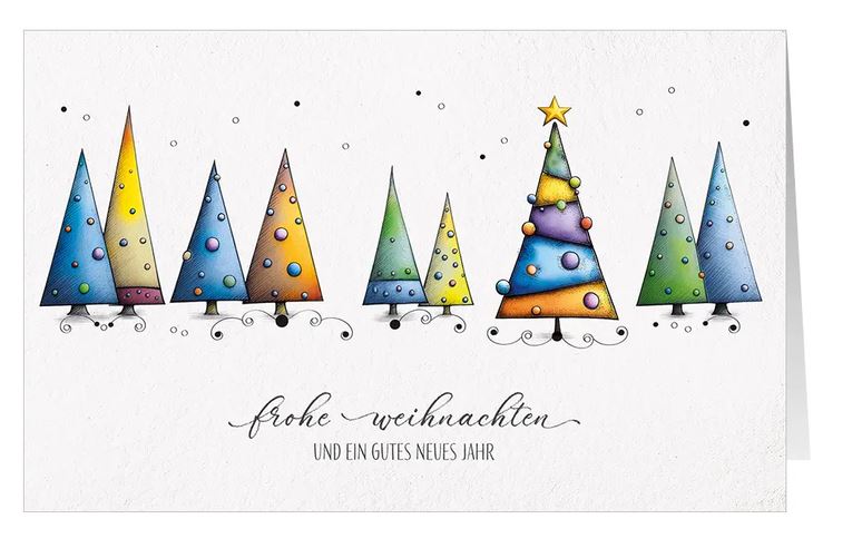 Fröhlich, bunte Spendenkarte "Bäumchen-Parade" mit fantasievollen Weihnachtsbäumen und Gruß für Ärzte ohne Grenzen
