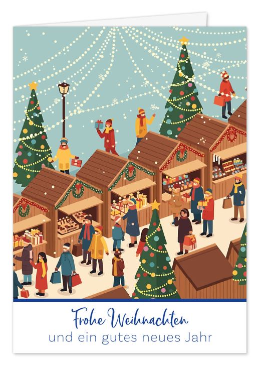 Stimmungsvolle Weihnachtskarte „Weihnachtsmarkt-Zauber“ im Wimmelbild-Stil mit buntem Markttreiben