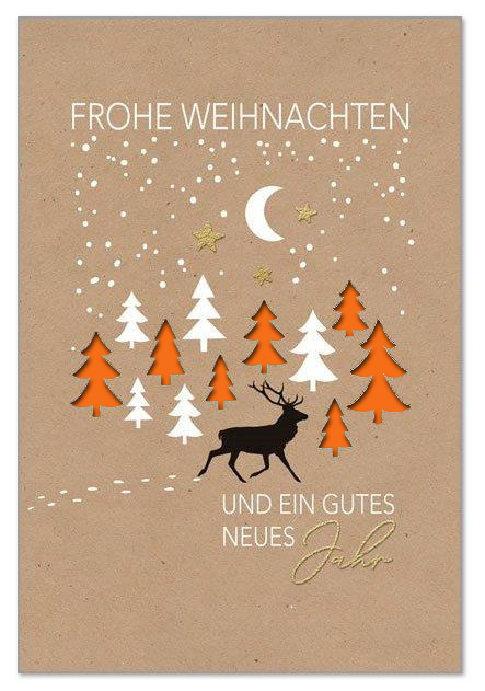 Weihnachtskarte in Kraftpapier-Optik mit Formstanzung Tannenbäume, Goldfoliendruck und Einleger in Orange
