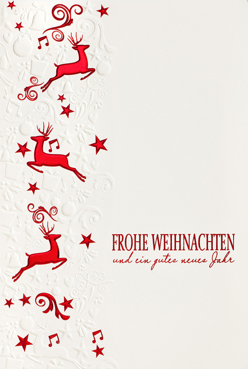 Weihnachtskarte weiß mit roter Folie und Relief Rentiere Sterne