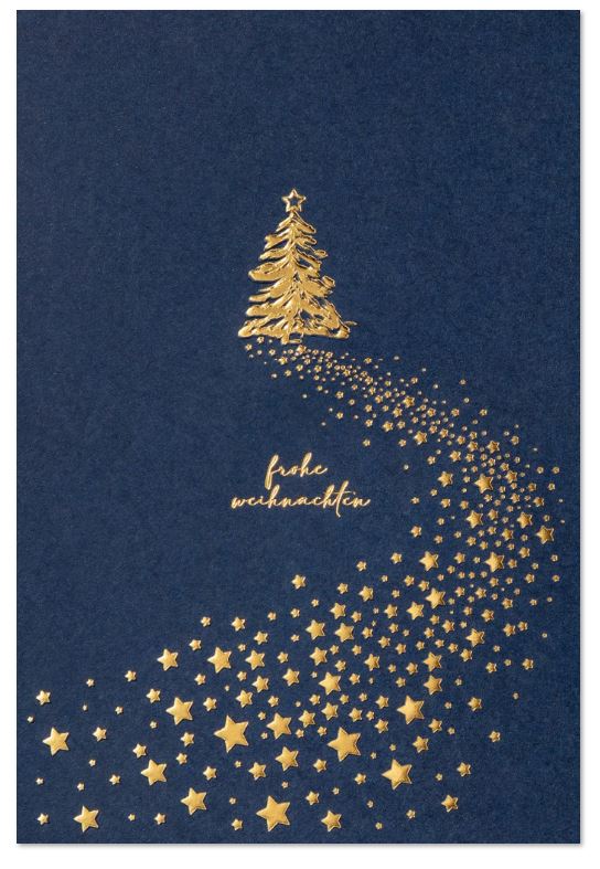 Exklusive Weihnachtskarte "Sternenpfad" in blau mit Goldfolienprägung von Baum, Sternen und Weihnachtsgruß