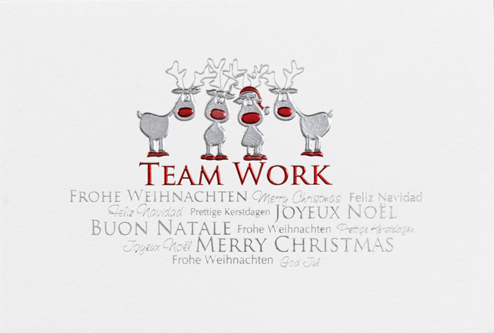 Weihnachtskarte, Teamkarte mit Rentieren und internat. Wünschen