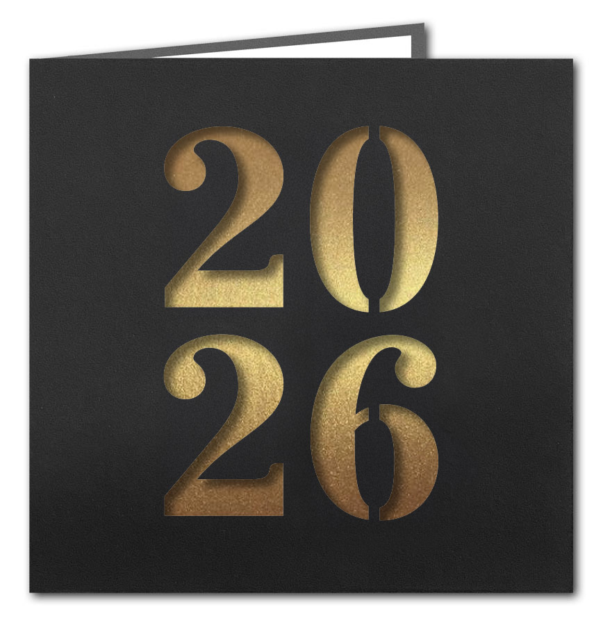 Exklusive Neujahrskarte in Mattschwarz mit Stanzung Jahreszahl 2026 und goldfarbenem Einlegeblatt