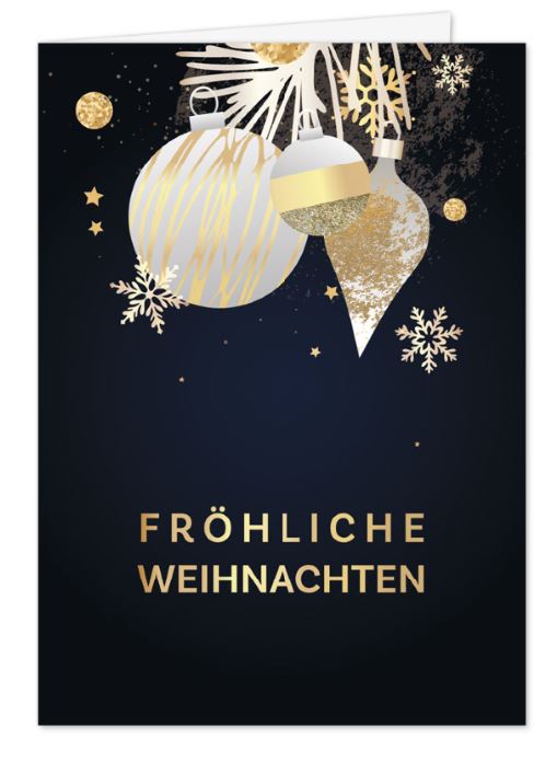 Luxuriöse Weihnachtskarte in schwarz mit Weihnachtsgruß, Christbaumkugeln und Eiskristallen 