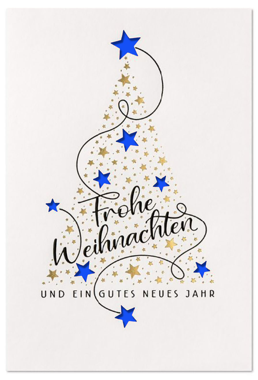 Weiße Laser-Weihnachtskarte mit Sternenbaum und Gruß sowie gutem Zweck: Kinder-Not-Hilfe, Einleger blau