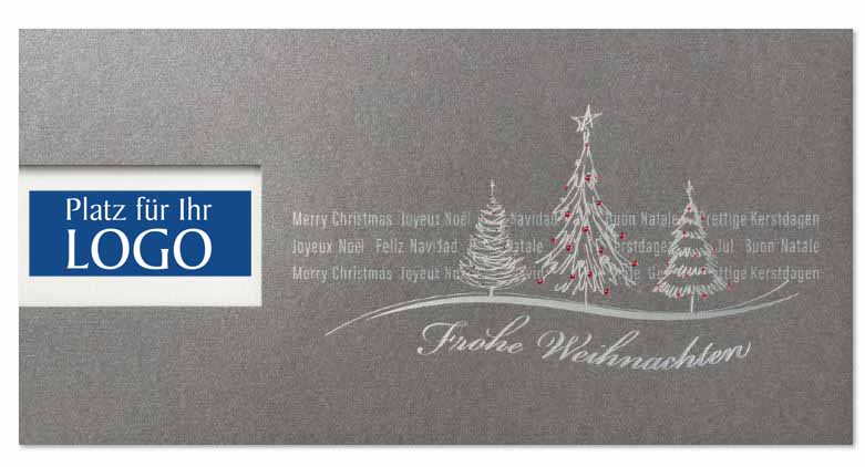 Firmenweihnachtskarte mit Logostanzung, internationalen Grüßen und Spendenzweck: Deutsche Kinderkrebshilfe