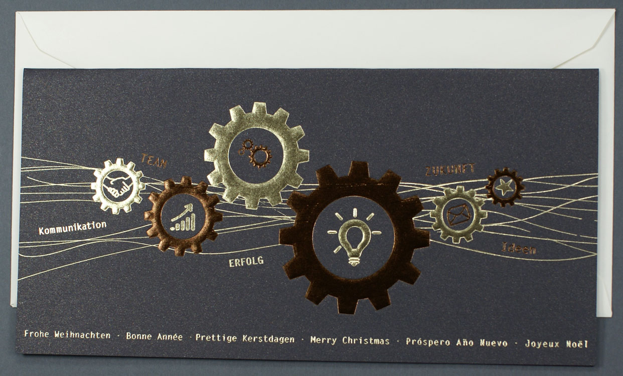 Weihnachtskarte dunkelbraun metallic mit Zahnrädern und Symbolen