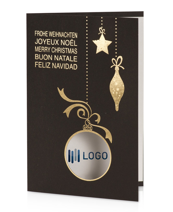 Weihnachtskarte schwarz gold mit Stanzung für Firmenlogo