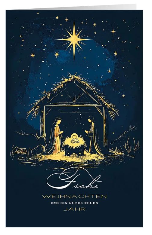 Religiöse Weihnachtskarte "Leuchtende Nacht" mit Weihnachstgruß und stimmungsvoller Krippenszene