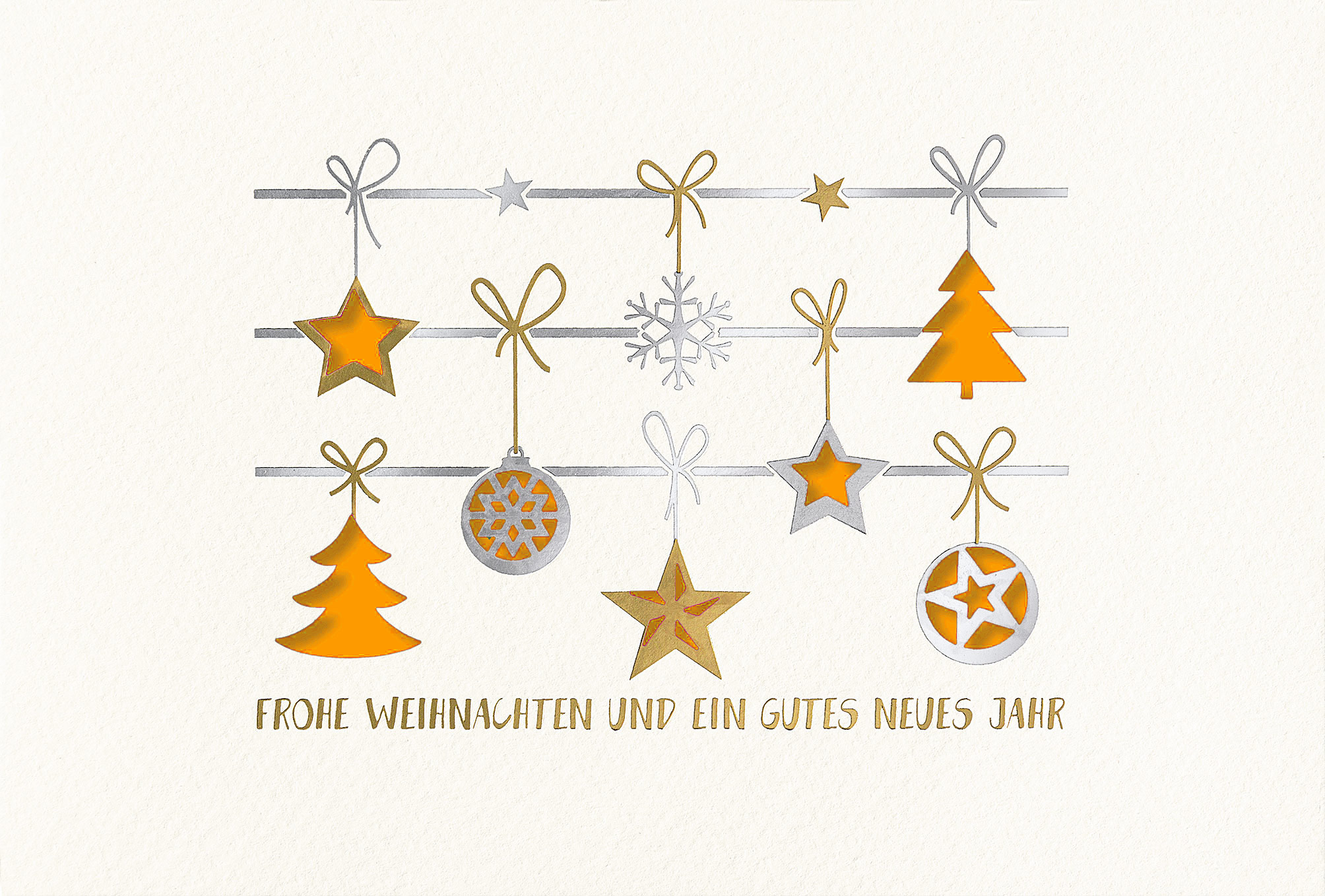 Weiße Weihnachtskarte mit Gold- und Silberfolienprägung sowie Stanzung, Einleger orange