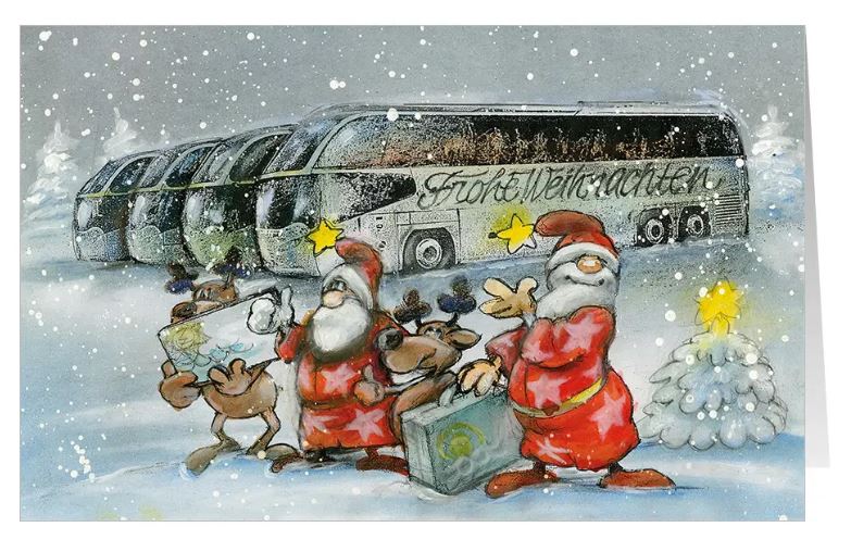 Originelle Branchenweihnachtskarte "Schöne Aussichten" mit Busflotte, Weihnachtsmännern und Rentieren auf Tour