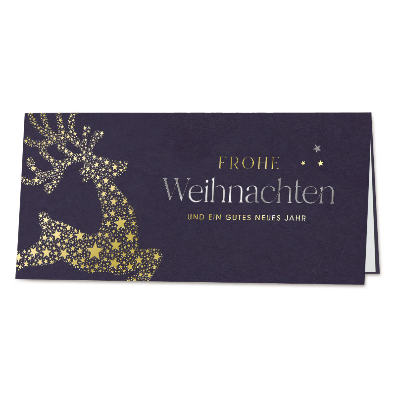 Samtige Weihnachtskarte aus blauem Soft-Touch Karton mit Gold- und Silberfolienprägung inkl. Falteinleger, DIN lang