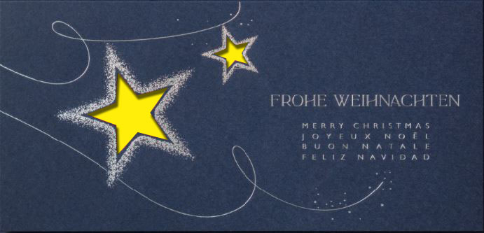 Mehrsprachige Weihnachtskarte in blau mit Sternen in Laserstanzung und Silberprägung, Einleger gelb