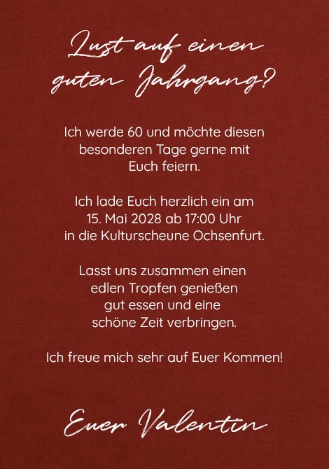 Geburtstagseinladung "Edler Jahrgang" zum 60. Geburtstag in Weinrot als beidseitig, individuell bedruckbare Einzelkarte