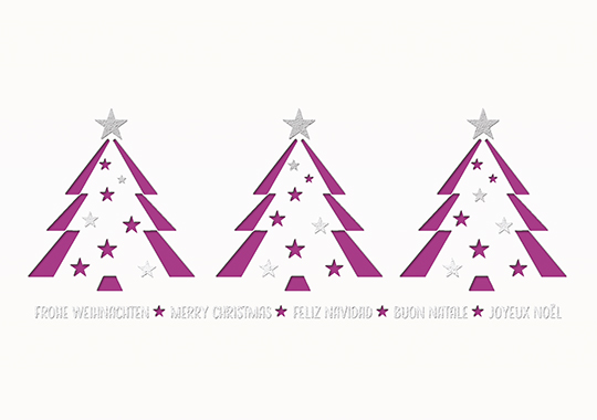 Internationale Weihnachtskarte guter Zweck Deutsche Kinderkrebsstiftung mit violettem Einleger
