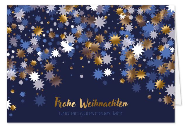 Blaue Weihnachtskarte "Sternenregen" mit Goldfolienprägung als Klappkarte im festlichen Design
