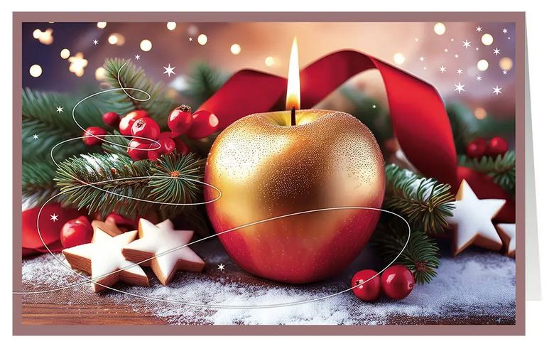 Klassische Weihnachtskarte "Goldapfel und Zimtsterne" mit traditionellem Charme