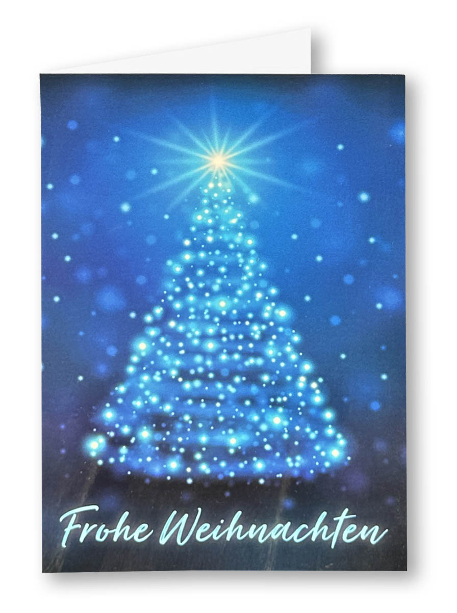 Strahlende Weihnachtskarte mit Weihnachtsgruß und einem Baum aus funkelnden Lichtern.