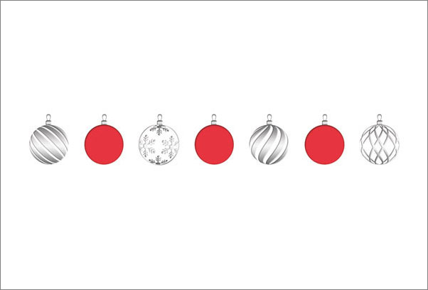 Weihnachtskarte weiß metallic mit Weihnachtskugeln und wählbarem Einleger