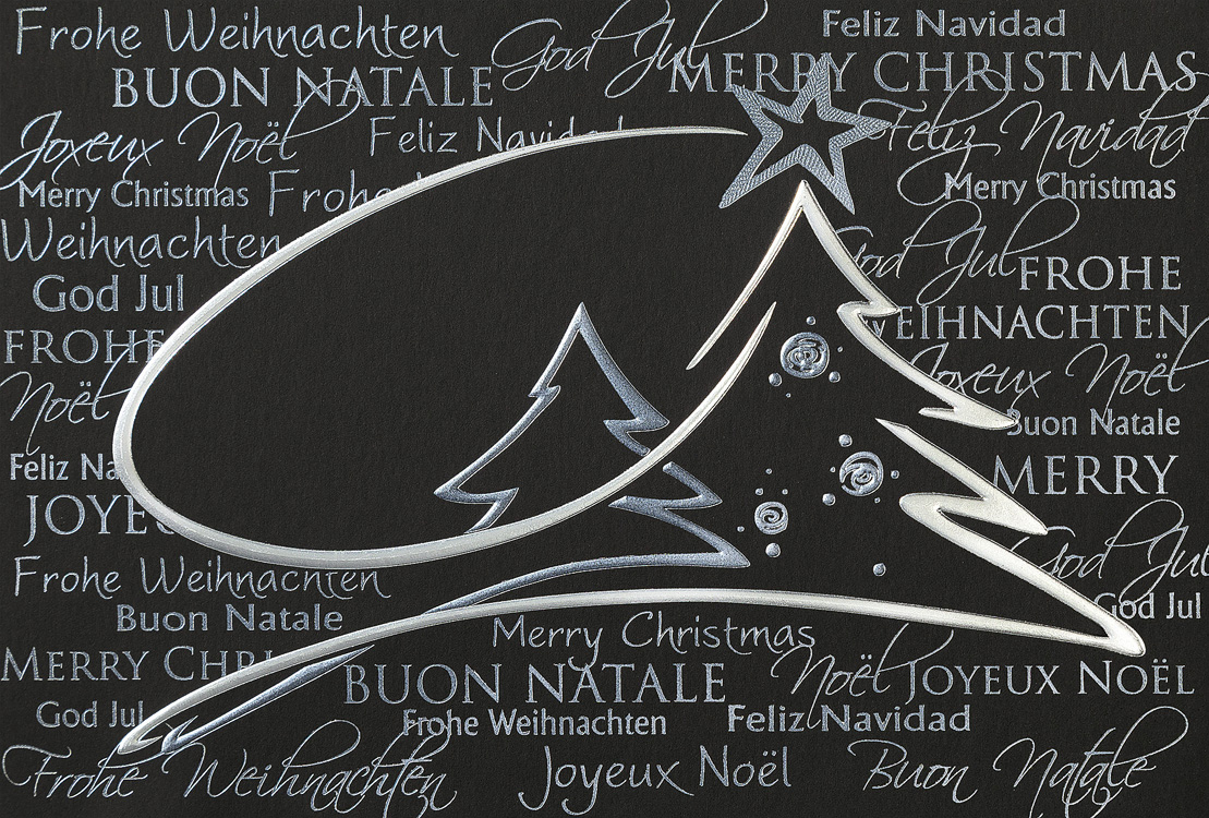 Weihnachtskarte schwarz mit zweifarbiger Folienprägung internat.