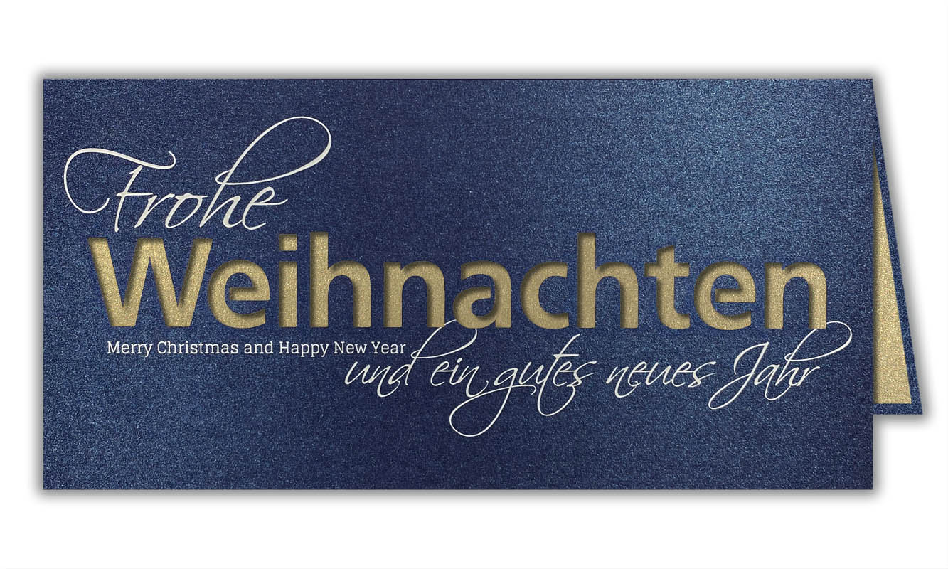 Blaue Weihnachtskarte mit goldenem Einlegeblatt und deutsch-englischem Weihnachtsgruß