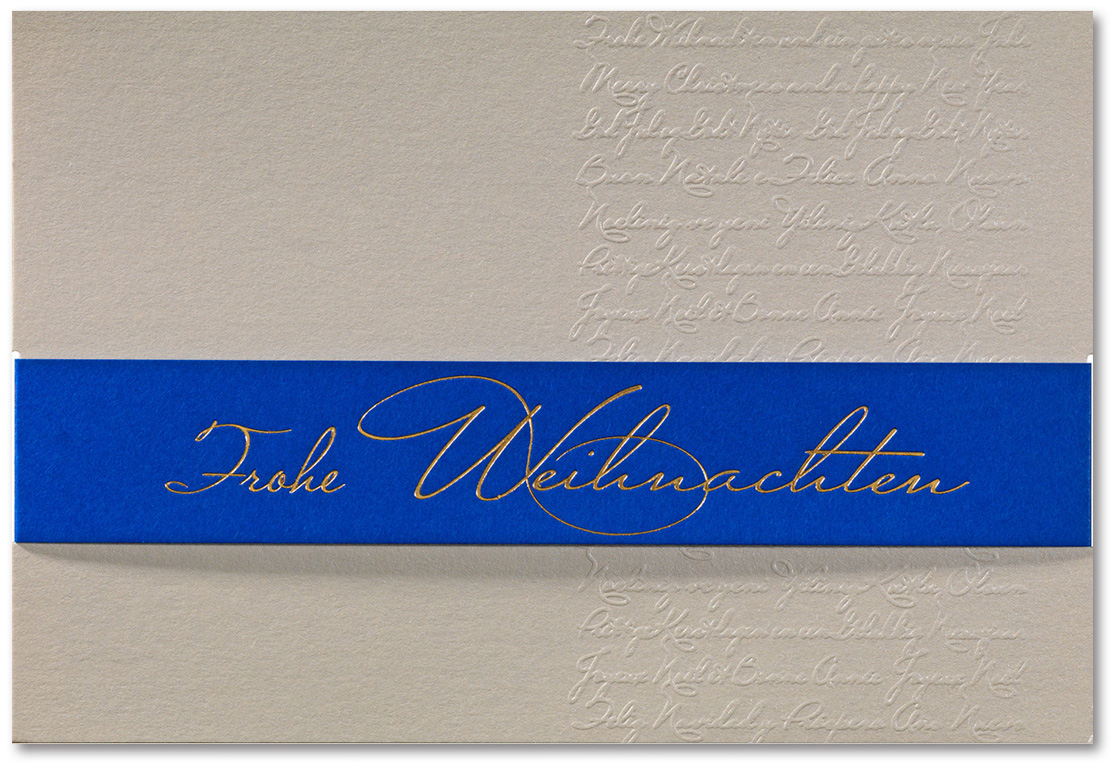 Weihnachtskarte creme metallic mit blau Banderole international