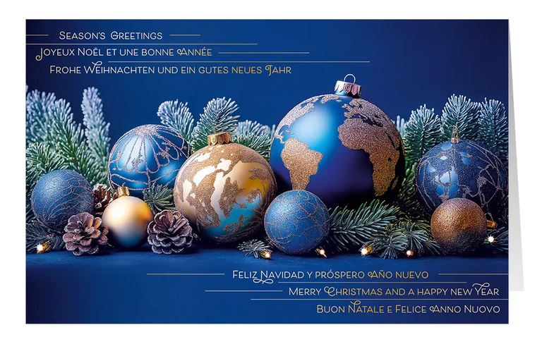 Weihnachtliche Spendenkarte "Weltkugeln" mit internationalen Weihnachtsgrüßen und Gutem Zweck: Ärzte ohne Grenzen