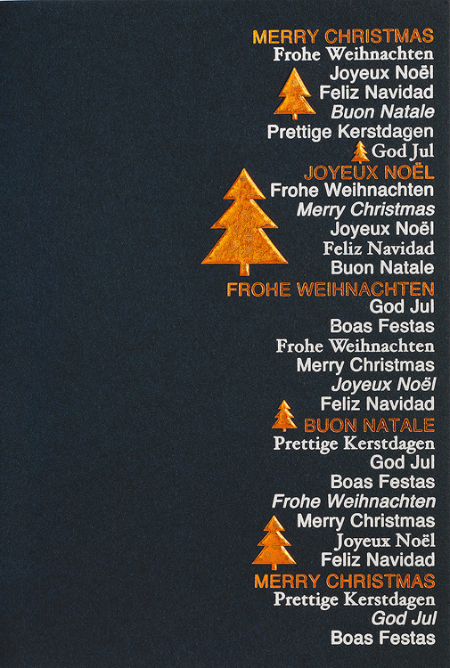 Weihnachtskarte nachtblau mit internationalen Weihnachtswünschen